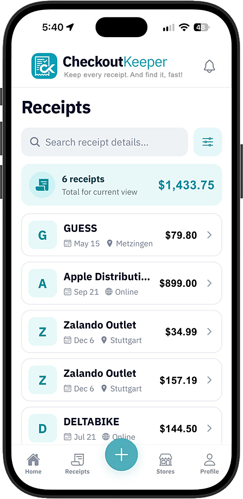 CheckoutKeeper searchable receipt library showing merchants, dates, locations and totals
