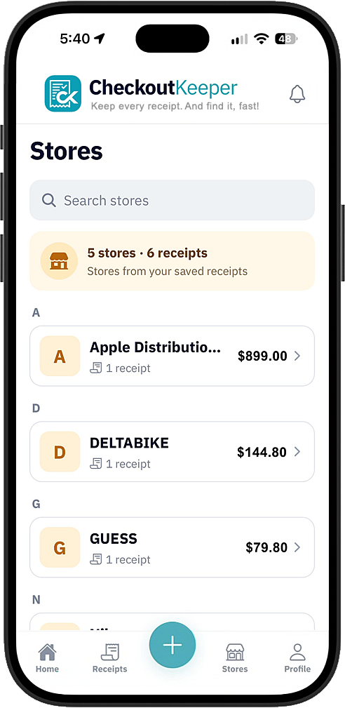 CheckoutKeeper stores view grouping saved receipts by merchant