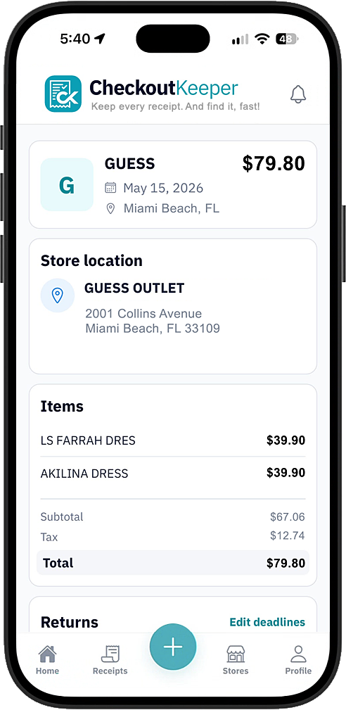 CheckoutKeeper receipt detail showing merchant location, purchased items, subtotal, tax and total