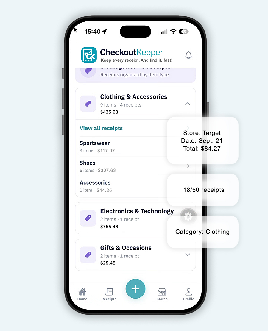 CheckoutKeeper receipt organizer displayed on an iPhone