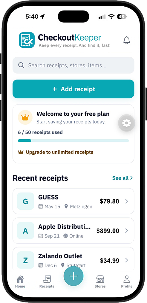CheckoutKeeper home screen showing the free receipt plan and recent saved receipts