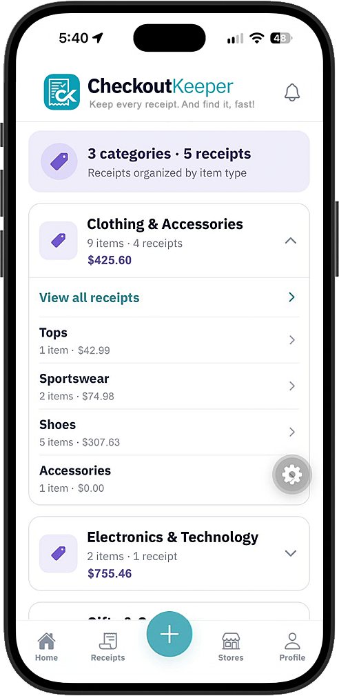 CheckoutKeeper categories view organizing purchases by item type