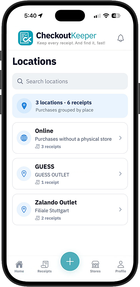 CheckoutKeeper locations view grouping purchases by store location and online orders